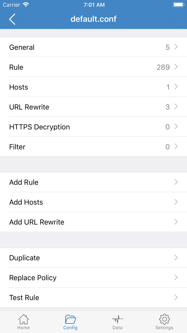 Shadowrocket 的 Config 配置文件编辑页面，显示 General、Rule、Hosts、URL Rewrite、HTTPS Decryption 和 Add Rule