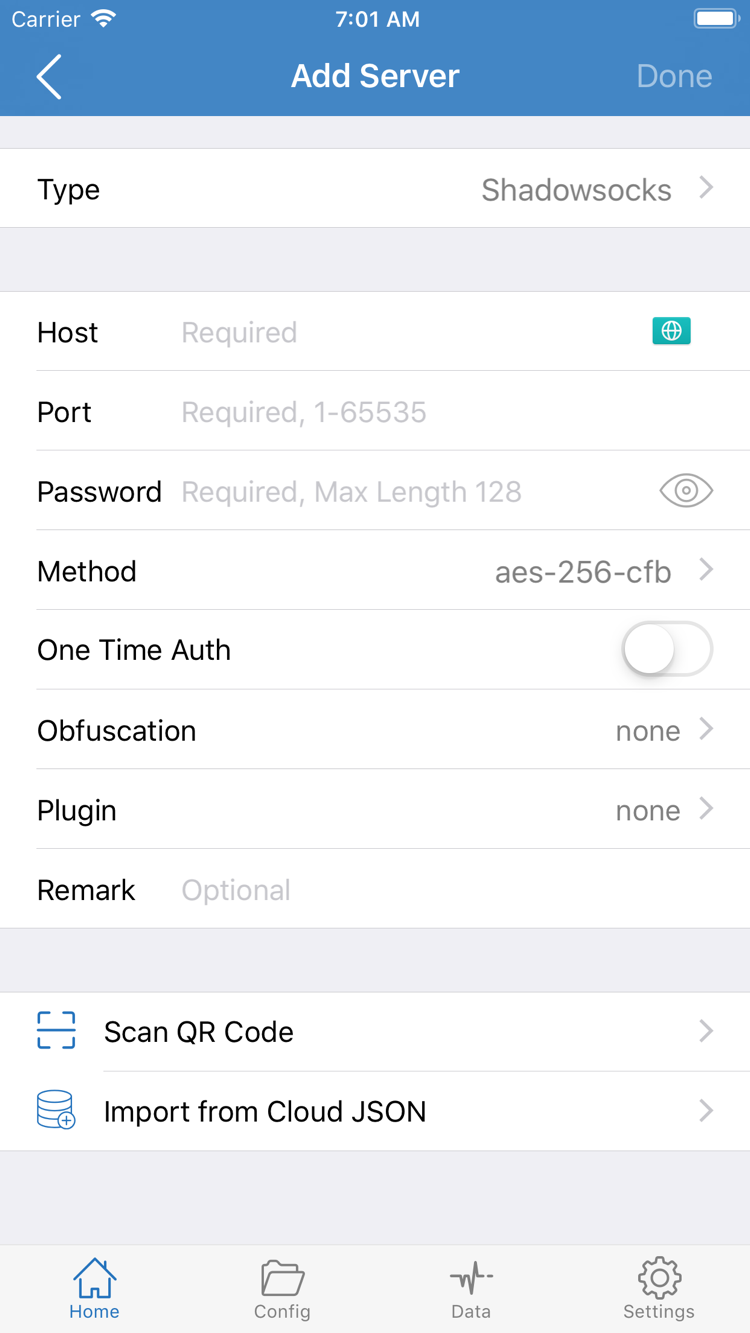 Official Shadowrocket Add Server screen showing Type, Host, Port, Password, Method, Scan QR Code, and Import from Cloud JSON