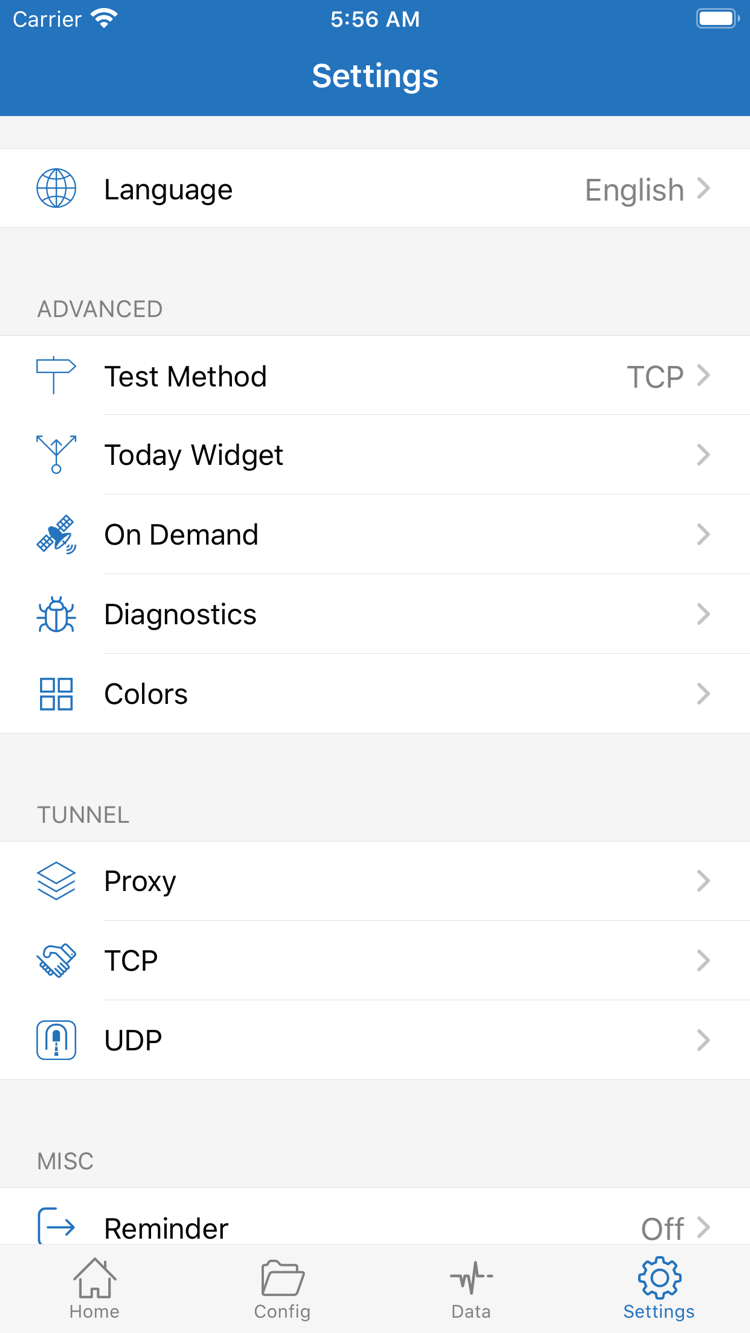 Shadowrocket 的 Settings 设置页面，显示 Language、Test Method、Today Widget、On Demand、Diagnostics、Proxy、TCP 和 UDP