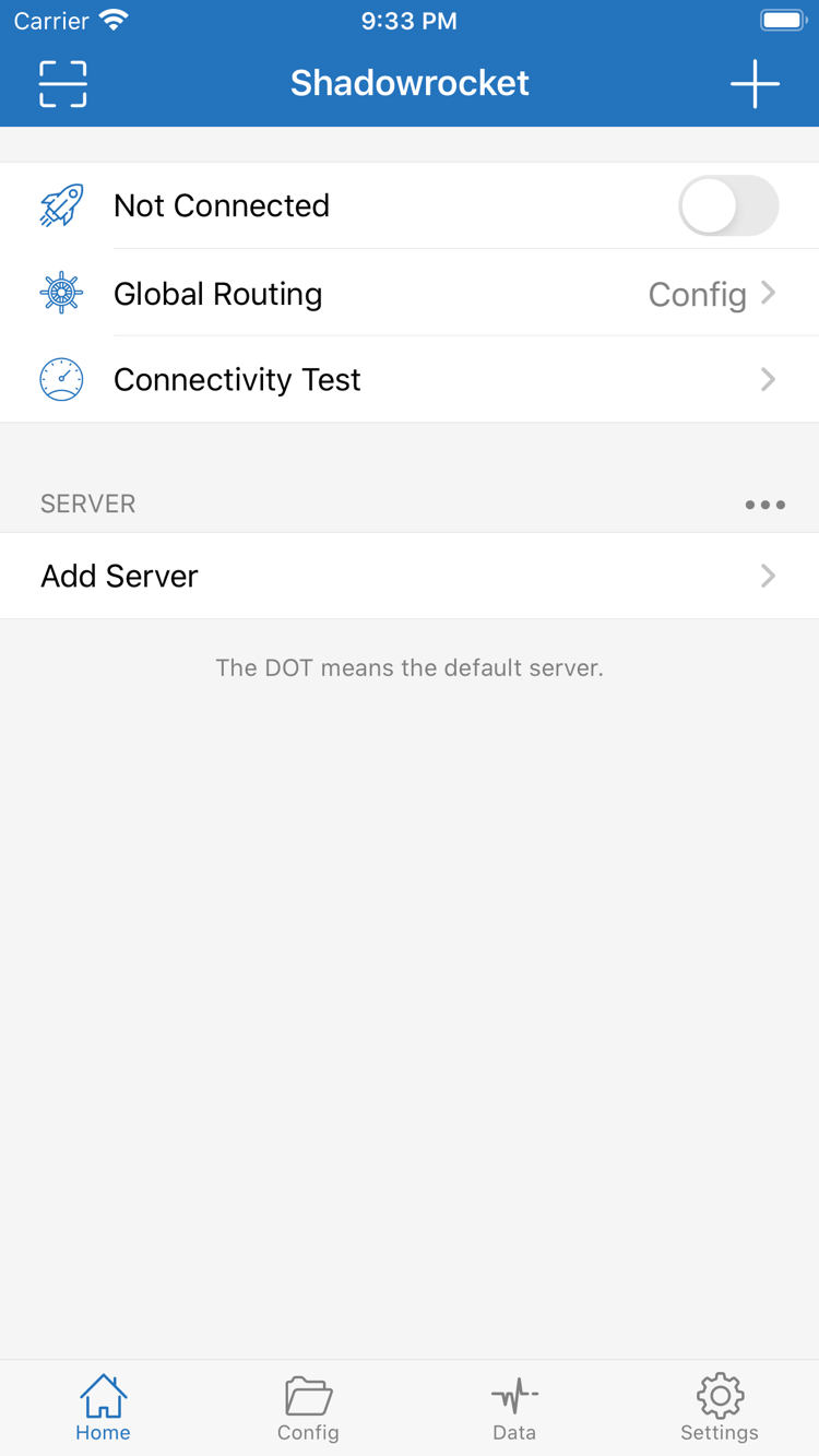 Official Shadowrocket Home screen showing Not Connected, Global Routing, Connectivity Test, the SERVER section, and Add Server